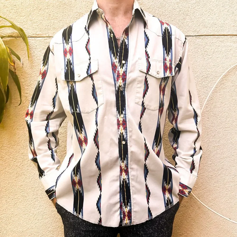 VINTAGE WRANGLER 90s White Southwestern Button Up Shirt Sz. L - Picture 1 of 4